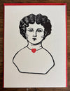 Illustration of a woman's face with a red heart on a white card with red envelop available at Littlecup